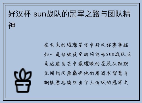 好汉杯 sun战队的冠军之路与团队精神